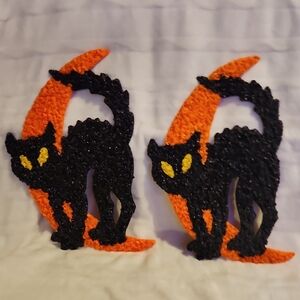 Halloween Vintage Black Cat Moon Melted Plastic Popcorn Window Hanging Decor